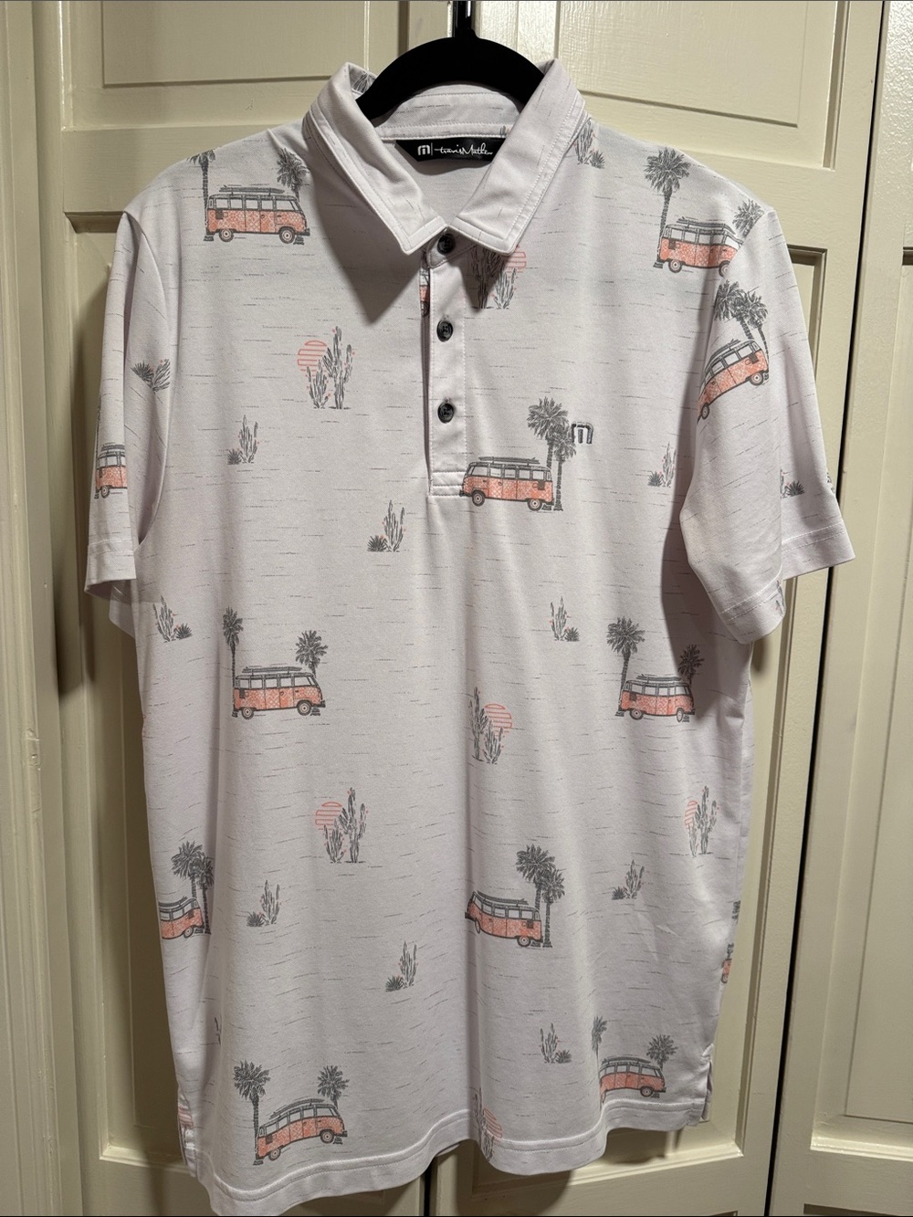 Travis Mathew White Polo with Coral Van Print